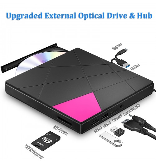 1pc External CD/DVD Drive For Laptop, 6 In1 USB 3.0 Type-C Portable CD/DVD Player Burner, CD ROM Drive Optical Drive, CD/DVD Reader, CD To USB Converter, For Desktop PC Windows Mac OS