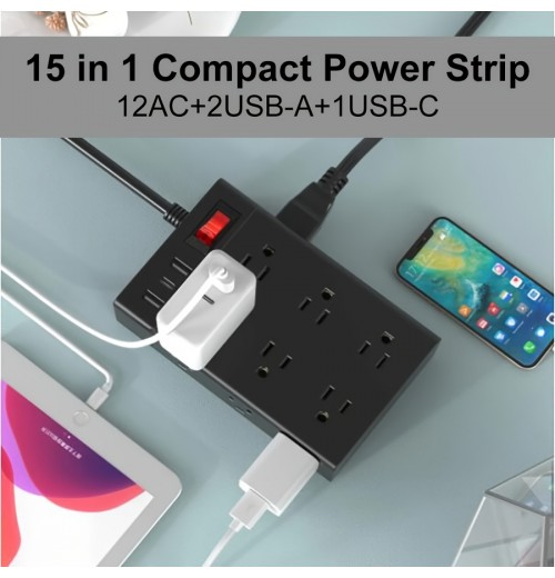 12 Outlet Power Strip With 3 USB Ports, 5FT UL Approved Extension Cord With USB C Ports, Surge Protector For Home, Office, Dorm Room