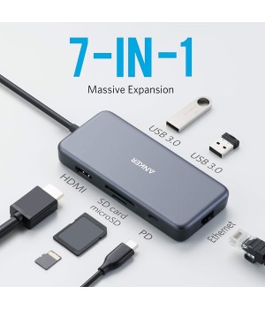 Anker USB C Hub Adapter, PowerExpand+ 7-in-1 USB C Hub, With 4K USB C To HDMI, 60W Power Delivery, 1Gbps Ethernet, 2 USB 3.0 Ports, SD And MicroSD Card Readers, For MacBook Pro And Other USB C Laptops